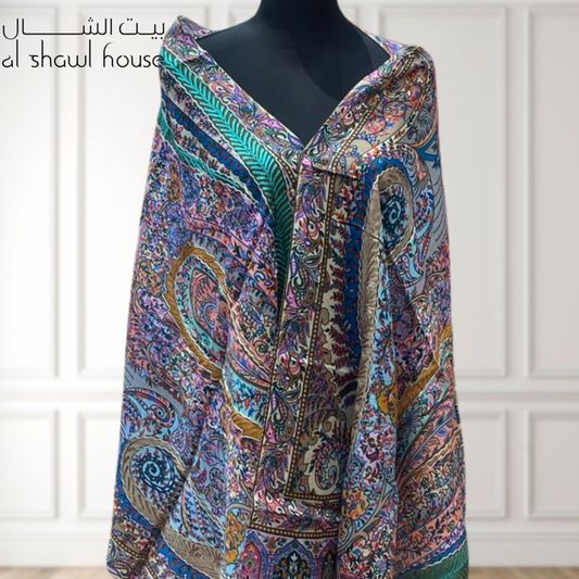 Digital print shawl with embroidery